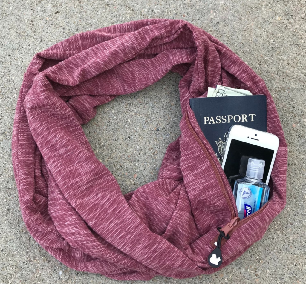 scarf with pocket, can be used as purse to carry money, keys ect.